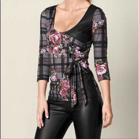 🌟PRICE REDUCED🌟FLORAL 💐PLAID Pink Black Faux Leather 3/4 Sleeve Top SIDE TIE - Picture 5 of 12